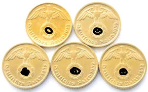 Lot GERMAN 5x 10 REICHSPFENNIG Coins 1937 - 1939 Brass SWASTIKA 3RD WW2 Pfennig - Picture 1 of 3