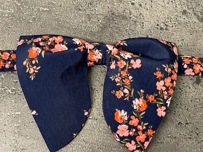 Oversized Navy/Pink Floral Bow tie Vintage style 70s Wedding Prom Gift for Him - Image 1 of 4