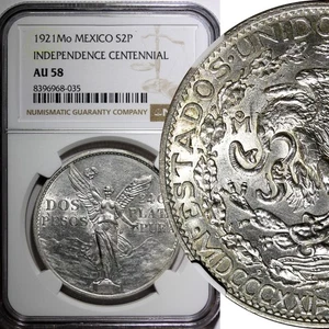 MEXICO Silver 1921 Mo 2 Pesos NGC AU58 INDEPENDENCE CENTENNIAL 39mm KM# 462 (35) - Picture 1 of 5