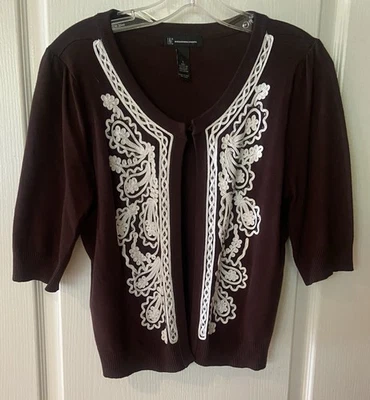 INC International Concepts Women's Embroidered Cardigan Color Espresso Sz L EUC - Image 1 of 4
