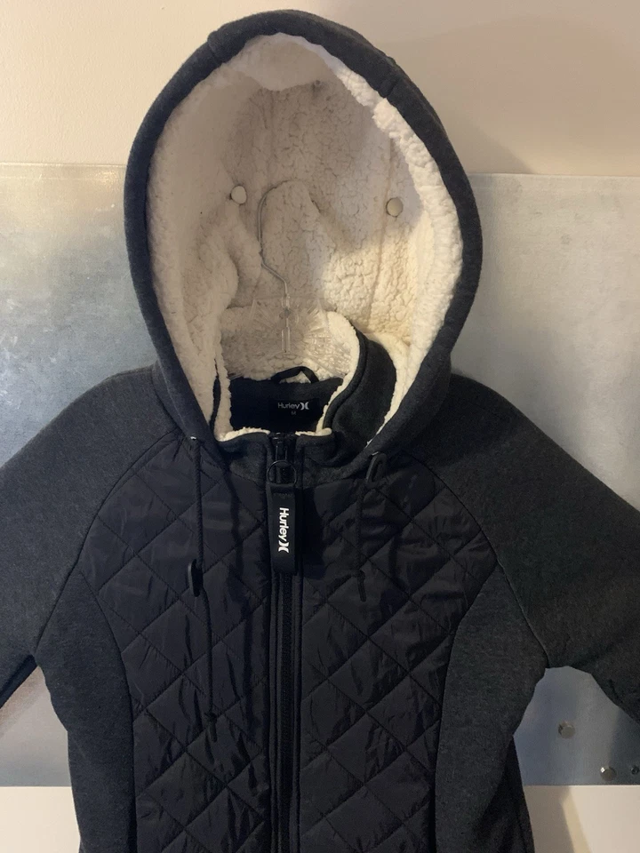 Chaqueta Hurley Damas Negra/Gris Acolchada Cremallera Completa Forrada Sherpa Capucha Aislada Med Foto 1 de 4