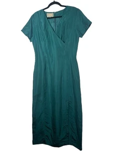 Vintage 80s 90s Monsoon Teal Silk Pencil Midi Dress Size 12 V-Neck Party - Picture 1 of 11