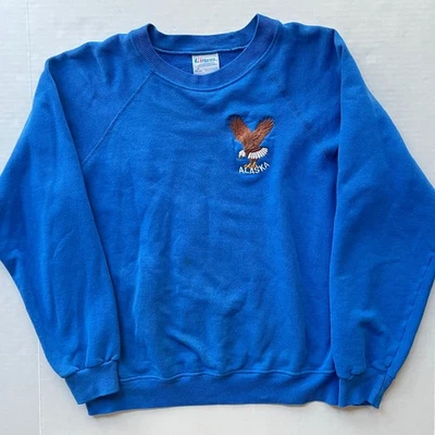 Vintage Hanes Alaska Sweatshirt Youth M Embroidered Eagle Raglan Crew Neck Blue - Image 1 of 4