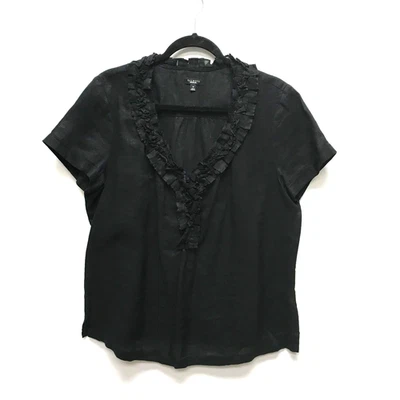 Talbots Womens Black Cuffed Short Sleeve Side Slit Ruffle V-Neck Linen Blouse XL - Image 1 of 4