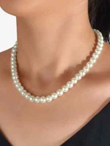 ELEGANT BEIGE 8MM GLASS PEARL BEADED CHOKER NECKLACE FOR BRIDAL/PARTY/PROM - Picture 1 of 1