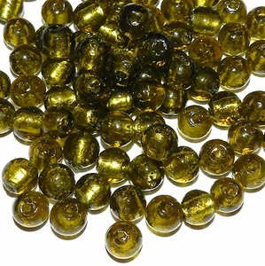 G3579 Olive Green Silver Foil-Lined 10mm Round Lampworked Glass Beads 20pc - Picture 1 of 1