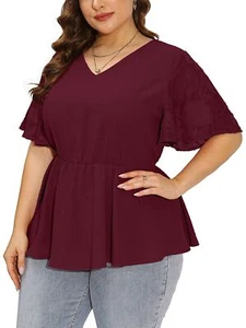 Plus Size Womens Summer Tunic Tops Burgundy 2X Short Sleeve Blouses V Neck Cl... - Picture 1 of 6