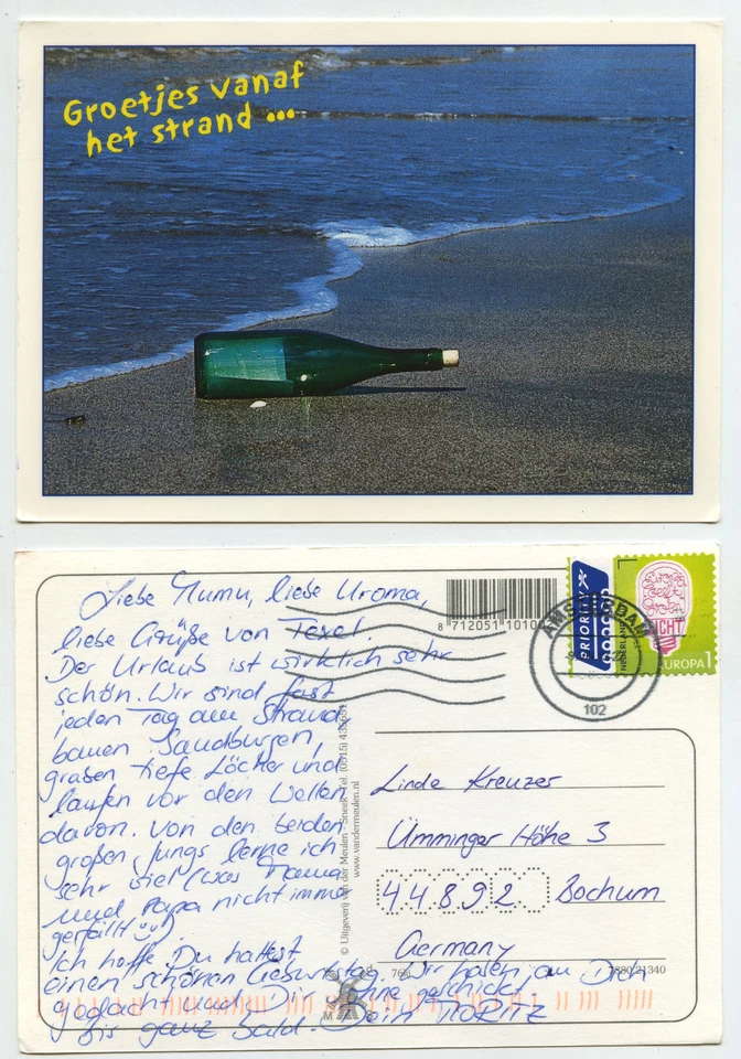 48105 - angespülte Flaschenpost - Ansichtskarte, gelaufen Amsterdam - Bild 1 von 1