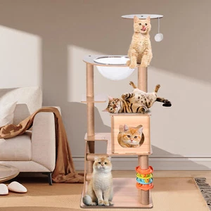 Modern Cat Tree Scratching Post Cats Play Condos Tower House Wooden Furniture - Picture 1 of 6