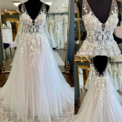 Backless Wedding Dress V Neck Boho Lace Appliques A Line Sleeveless Bridal Gowns - Image 1 of 4