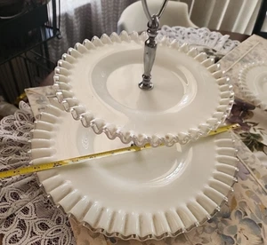 Vintage Fenton Milk Glass Silver Crest 2 Tier Tidbit Sandwich Serving Tray, - Picture 1 of 8