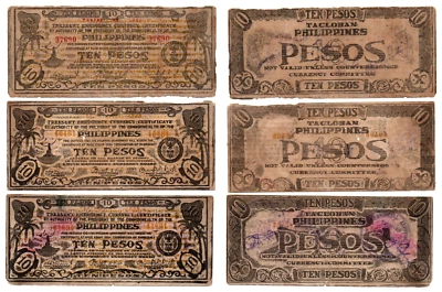 Philippine Province of LEYTE Tacloban Currency x3 10 Pesos S395ac + Handstamped - Image 1 of 4