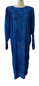 1980s Vintage Colbalt Blue Batwings Dress Satin Maxi Shoulder Pads Fanfare Sz 14 - Picture 1 of 11