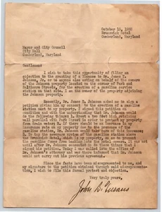 1938 Brunswick Hotel Owner Writes Letter Of Object To Mayor Cumberland Maryland - Picture 1 of 3