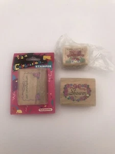 3 IT’S A CELEBRATIONS Gummistempel Holzschnitt Dusche ~ Haus Erwärmung ~ eine Einladung - Bild 1 von 8