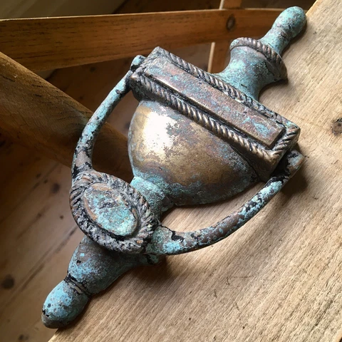 Vintage Victorian Brass Urn Door Knocker Verdigris Patina Hardware Cover