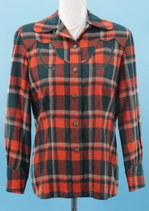 VTG Women's 40s Red & Black Plaid Wool Western Shirt Sz M 1940s Loop Collar - Picture 1 of 24