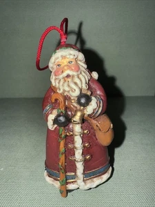 Jolly Santa Vtg Christmas Ornament Bell Staff Bag Satchel Resin 4" - Picture 1 of 7