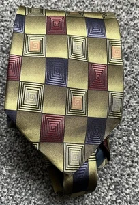 Mens Jonelle Silk Khaki Green Multi Geometric Check Vintage Tie - Picture 1 of 2