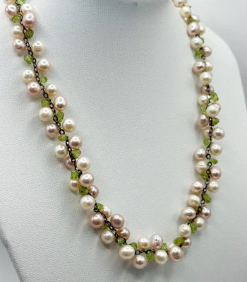 Green Stone Chip Pearl Necklace Sterling Silver Chain 13 In Foto 1 de 4