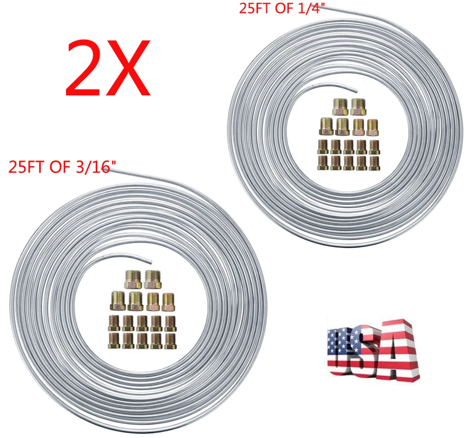 2X 25Ft 3/16'' 1/4'' Coil Rolls Zinc Nickel Brake Line Tubing Kit W/32X Fittings - Image 1 of 4