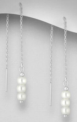 Solid Sterling Silver Threader Earrings Pearl Beads 1.9" Long X 4mm  1.23g  - Image 1 of 2