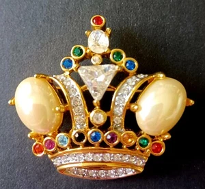 Vintage Coronation Crown Jeweled & Pearl Pin Brooch Rhinestone & Faux Pearls - Picture 1 of 5