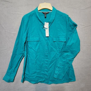 Long Tall Sally Womens Turquoise Linen Button Up Long Sleeve Shirt Size 16 - Picture 1 of 8