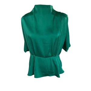 Blusa H&M verde satinado para mujer talla M con cintura peplum y mangas cortas con capa - Imagen 1 de 10