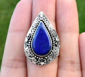 Anillo Piedra Lapislázuli Kuchi Plata Tribal De Colección Lágrima Azul Joyería Étnica - Imagen 1 de 6