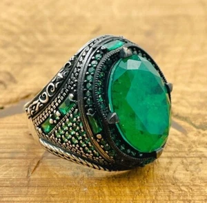 Mens Silver Ring, Green Paraiba Tourmaline Stone Oval Ring, 925K Mens Jewelry - Picture 1 of 10