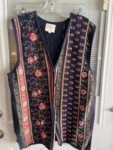 Susan Bristol Sweater Vest Cardigan Embroider Floral Knit Blue Vntg EUC Sz M - Picture 1 of 6