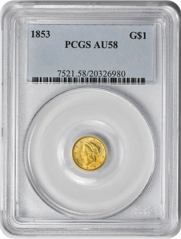 1853 $1 Gold Type 1 AU58 PCGS Cover