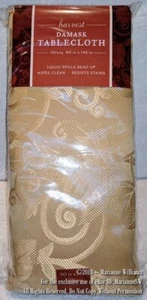 NEW HARVEST GOLD DAMASK THANKSGIVING TABLECLOTH OBLONG 60 x 144 FALL LEAFS - Picture 1 of 2