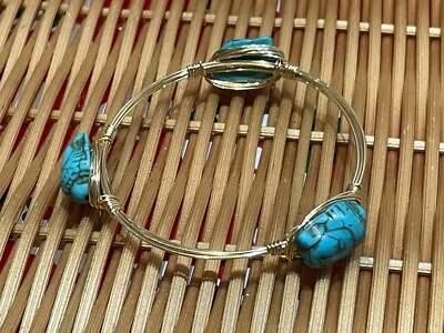 HAND MADE ARTISAN WIRE WRAPPED TURQUOISE HOWLITE BUDDHA FACES BANGLE BRACELET - Image 1 of 4