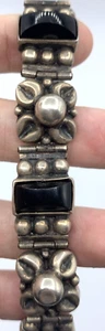 1920s 30s 40s Mexico Silver Sterling Onyx Flower Bracelet Vintage Panel - Picture 1 of 11