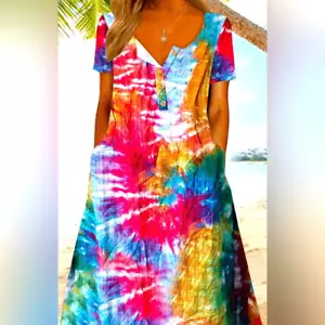 NWT Women’s Plus Size Tie Dye Rainbow Color Summer Short Sleeve Maxi Dress - 3XL - Picture 1 of 4