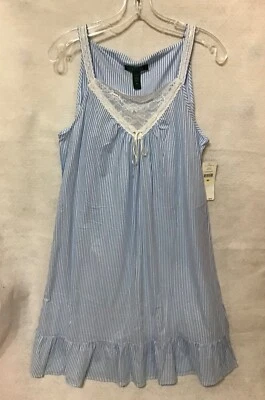 LAUREN Ralph Lauren Women Cotton Knit Blue and white Ruffled Nightgown SZ  M NWT - Image 1 of 4