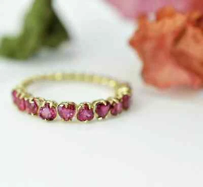 1.50Ct Heart Cut Lab-Created Pink Ruby Wedding Band Ring 14k Yellow Gold Plated - Image 1 of 3