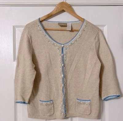 Cárdigan De Colección Liz Claiborne Lino Natural/Beige con Bordado Azul y Verde Talla MP Foto 1 de 4