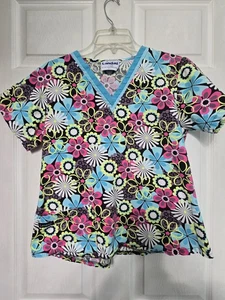 Landau Scrub Top Size XS-VIBRANT Pink/Aqua/Black Floral-Chest 19"/L 22.5" - Picture 1 of 5