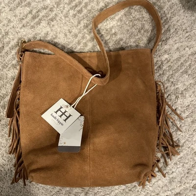 Bolso tipo cubo de gamuza genuina con flecos Haute Hippie LT MARRÓN herrajes dorados Nuevo con etiquetas Foto 1 de 3