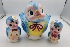 Vintage Lefton Bluebird Keksdose Milchkännchen & Zucker anthropomorph - Bild 1 von 18