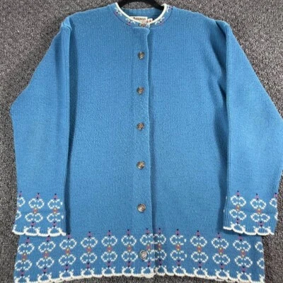 Vintage Amana Wool Cardigan L - Blue Cable Knit Sweater Aran Preppy Floral Cute - Image 1 of 4