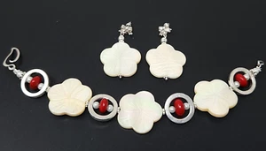 Vtg Sterling Silver Shell Red Coral Bracelet Dangling Pierced Earrings Set - Picture 1 of 4