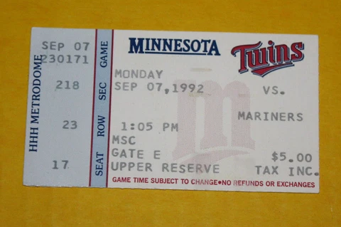 Minnesota Twins Ticket Stub | September 7 1992 Kirby Puckett Ken Griffey Jr Hit Cover