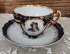 Tasse à thé et soucoupe antique portrait caméo bleu cobalt or doré victorien