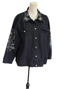 Quacker factory rhinestone butterfly bomber jean jacket black Sz 1X soft sparkly - Picture 1 of 11
