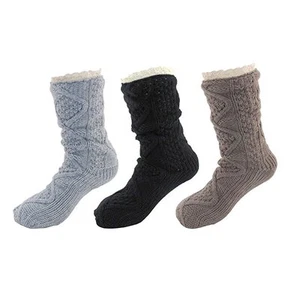 Warm Fuzzy Cozy Thermal Fleece-lined Knitted Non-skid Crew Socks, 3 Pairs Asst H - Picture 1 of 1