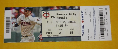 Minnesota Twins Ticket Stub | October 2 2015 | Joe Mauer Hit Cover